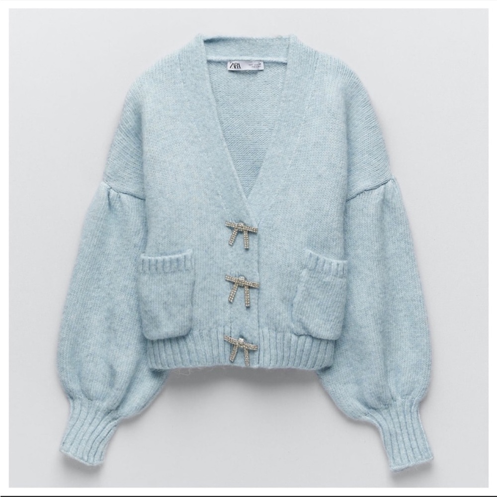 Zara Light Blue Cardigan with Rhinestone bow buttons